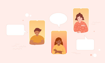 Group of diverse children with speech bubbles in abstract phone screen. Dialog template for school, education projects. Concepts with copy space for display conversation, discussion. Smiling people.