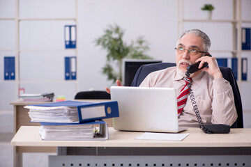 Old male employee sitting at workplace