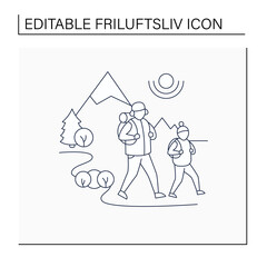 Friluftsliv line icon. Family hiking. Dad and daughter walking.Mountain landscape.Nordic outdoor activities concept.Isolated vector illustration.Editable stroke