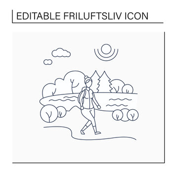 Friluftsliv line icon. Hiking. Woman walking near river. Nice weather. Nature landscape.Camping. Nordic outdoor activities concept.Isolated vector illustration.Editable stroke