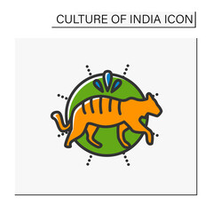 Bengal tiger color icon. Sacral, totem animal. Indian National symbol. Wildlife protection. Tiger day. Indian culture, esthetics, traditions and customs. Isolated vector illustration