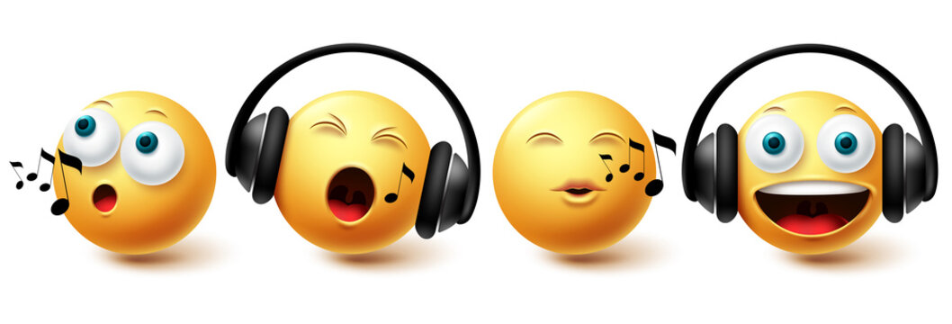 Naklejki Smiley music emoji vector set. Smileys emoticon with headphones singing and listening icon collection isolated in white background for graphic design elements. Vector illustration 