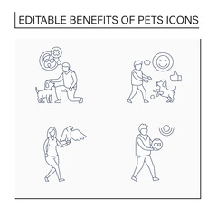 Fototapeta na wymiar Pets benefits line icons set. Help relieve depression, anxiety, lower stress levels. Different pets.Animal caring concept. Isolated vector illustration.Editable stroke