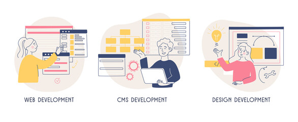 The concept of creating a site. Software solution. Web development. CMS system. Programming metaphor. PHP. Modern Flat Vector Illustration © Mr. Good