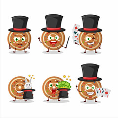 A gingerbread round Magician cartoon character perform on a stage