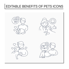 Pets benefits line icons set. Help relieve depression, anxiety, lower stress levels. Different pets.Animal caring concept. Isolated vector illustration.Editable stroke
