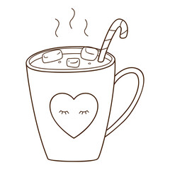 A cup of hot cocoa with marshmallows and a candy cane. A hot, invigorating, morning drink. Design element with outline. Doodle, hand-drawn. Black white vector illustration. Isolated on white
