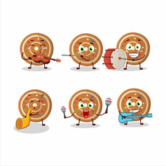 Cartoon character of gingerbread round playing some musical instruments