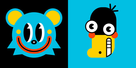 Abstract comic Faces funny animals with various emotions. Cute blue bear and black duck, colored characters. Cartoon style. Flat design. Hand drawn trendy vector illustration. Every face is isolated.