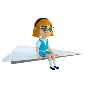 Cartoon cute schoolgirl is flying on a paper airplane isolated on a white background. Education and back to school concept. 3d render illustration.
