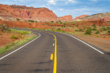 Fototapeta na wymiar The highway curves through Capitol Reef National Park, Utah