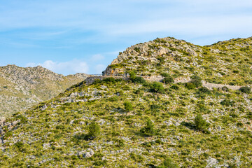 View of road in middle of Mountain landscape with sliding mountains, trees and under blue background