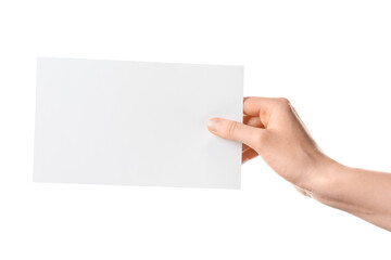 Obraz premium Woman holding blank sheet of paper on white background