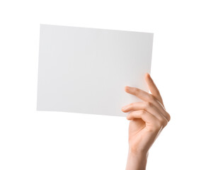 Fototapeta premium Woman holding blank sheet of paper on white background