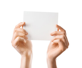 Woman holding blank sheet of paper on white background