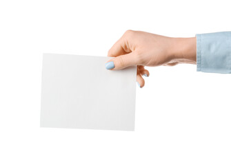 Woman holding blank sheet of paper on white background