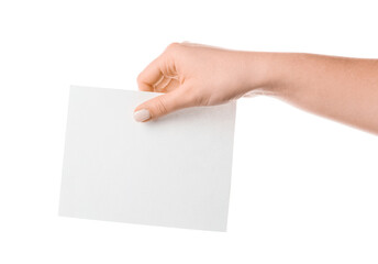 Obraz premium Woman holding blank sheet of paper on white background