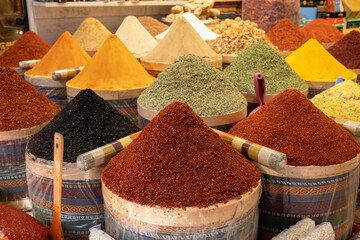 Front view of various dried spices