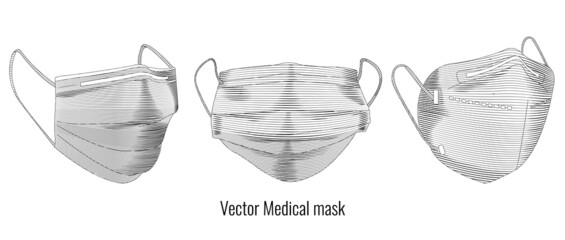 Set of a medical mask, Viruses and disease protection, Engraving illustration vintage style  isolated on white background
