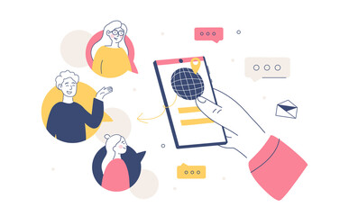 Video conference concept. Remote negotiations. Video communication. Work from home. Online meeting. Video call. Doodle Flat Vector Illustration