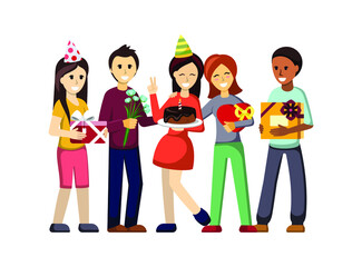 Woman with friends celebrating birthday illustration. Happy girl in striped cap is holding festive cake cheerful people with gifts congratulate her party with gifts and surprises. Vector cartoon.