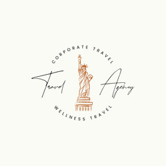 Hand drawn line art minimal travel vector logo design template. Illustration of elegant signs and badges for travel agency, tour operator, photographer, travel blogger.