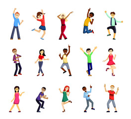 Dancing and jump happy people set. Cheerful young women and men excited about party and holidays joyful happiness with celebration birthday and friendship events. Vector cartoon lifestyle.