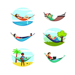 People rest hammocks set. Relaxing women and men tropical beaches and in nature comfortable stretch beds for restful sleep and reading books work online in natural setting. Cartoon vector.