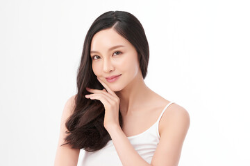 Fototapeta premium Beautiful young asian woman with clean fresh skin on white background, Face care, Facial treatment, Cosmetology, beauty and spa, Asian women portrait.