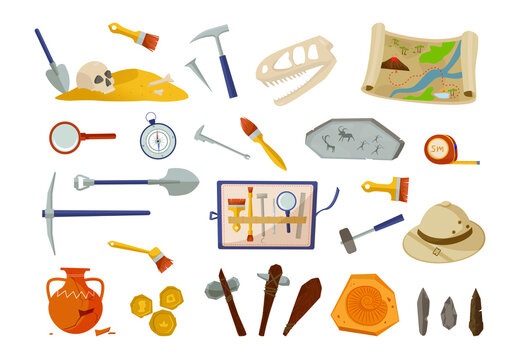 Archaeological inventory and ancient finds set. Pick shovel for excavation with brushes hammer prehistoric tools primitive people with dinosaur skull old gold coins map. Vector excavation.