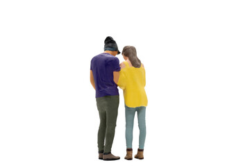 Fototapeta na wymiar Miniature people couple in casual cloth standing together isolated on white background with clipping path.