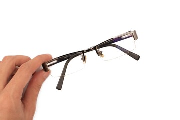 holding glasses on a white background