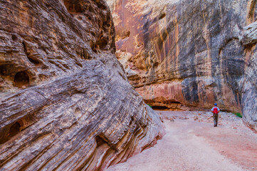 A hiker walks down the Grand Wash trail in Capitol Reef National Park, Utah