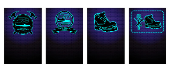 Shoe repair service. Neon symbol in retro style. On background of brick wall