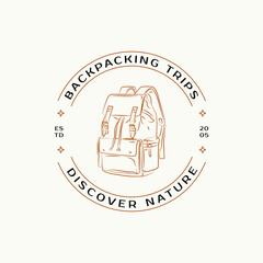 Hand drawn line art minimal travel vector logo design template. Illustration of elegant signs and badges for travel agency, tour operator, photographer, travel blogger.