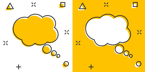 Cartoon thought bubble icon in comic style. Think sign illustration pictogram. Cloud splash business concept.