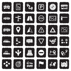 Road Trip icons. Grunge Black Flat Design. Vector Illustration.