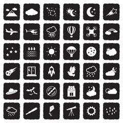 Sky Icons. Grunge Black Flat Design. Vector Illustration.
