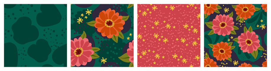 A collection of zinnia flower prints among the foliage. Red flowers and leaves pattern.