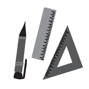 Vector isolated image black and white design of study supplies pen and rulers