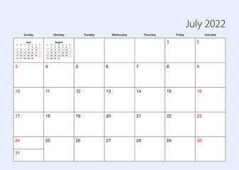 Wall calendar planner for July 2022. English language, week starts from Sunday.