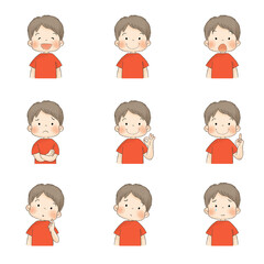 夏服の子供表情セット（男の子、赤いTシャツ）