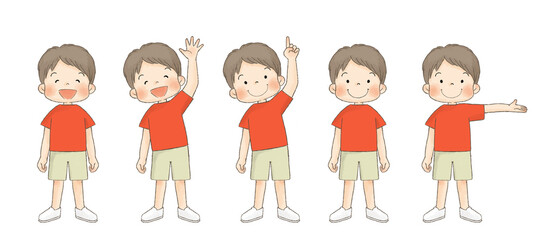 夏服の子供セット（男の子、赤いTシャツ、正面全身）