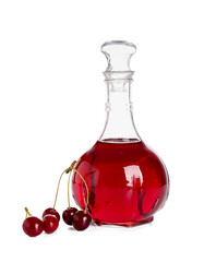Decanter with sweet cherry wine on white background