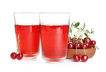 Glasses of sweet cherry wine on white background