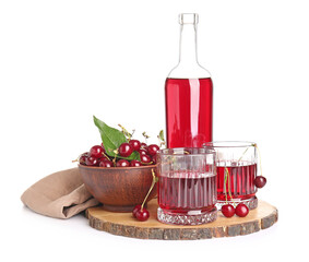 Composition with sweet cherry wine on white background