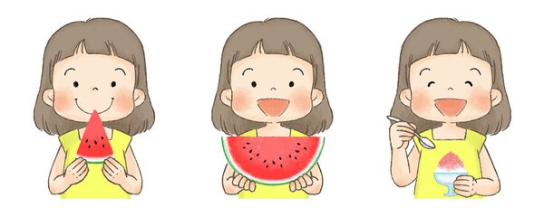 スイカとかき氷を食べる子供（女の子セット、黄色い服）
