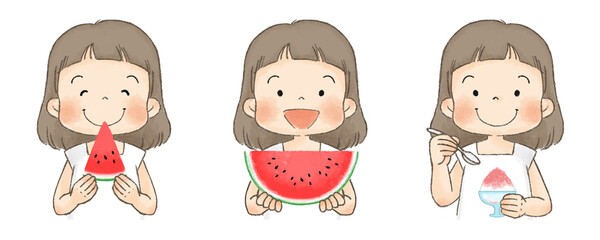 スイカとかき氷を食べる子供（女の子セット、白い服）