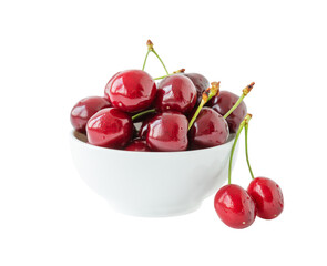 Cherries in a white bowl isolated on a white background	
