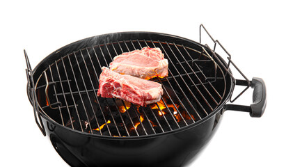 Barbecue grill with tasty meat on white background